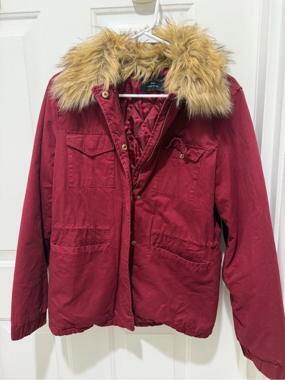 Love Tree Burgundy Utility Jacket with Faux-Fur Hood Trim